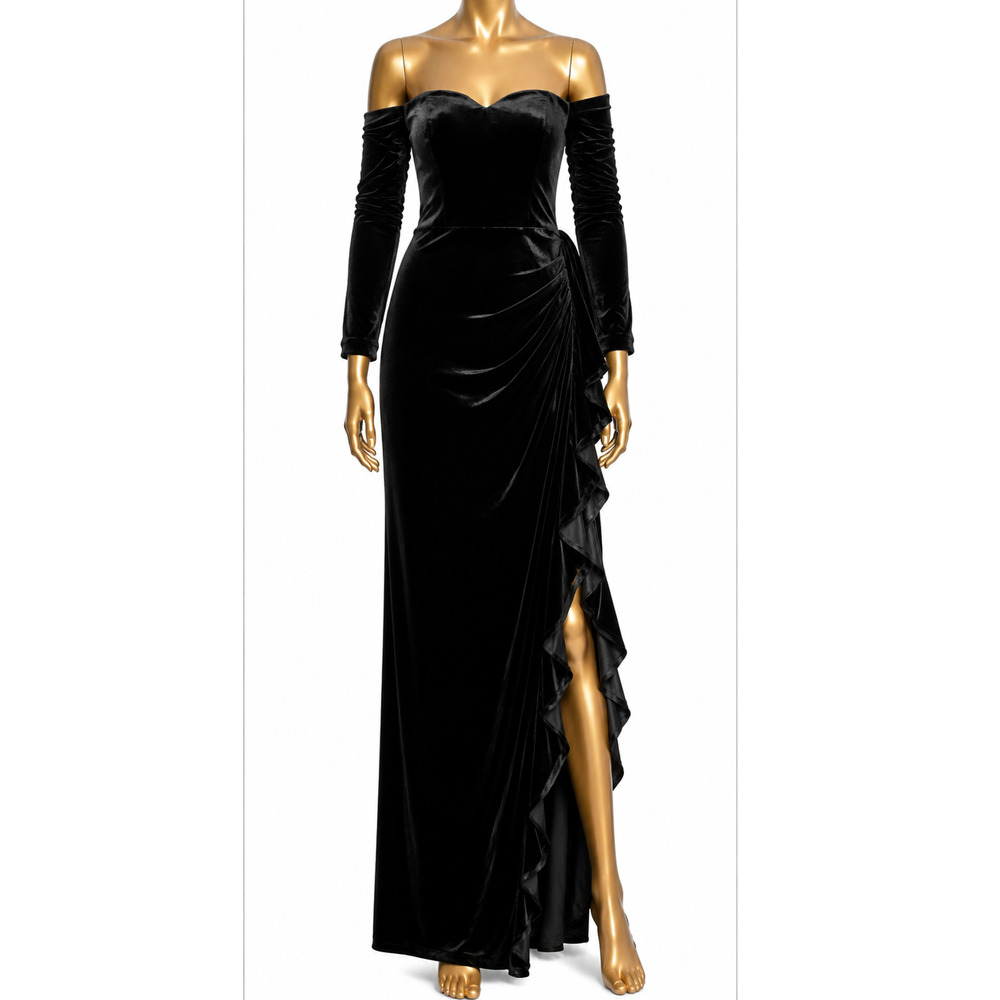 BADGLEY MISCHKA Formal Gown 2 Long Maxi Dress Black Velvet Off Shoulder Ruffles